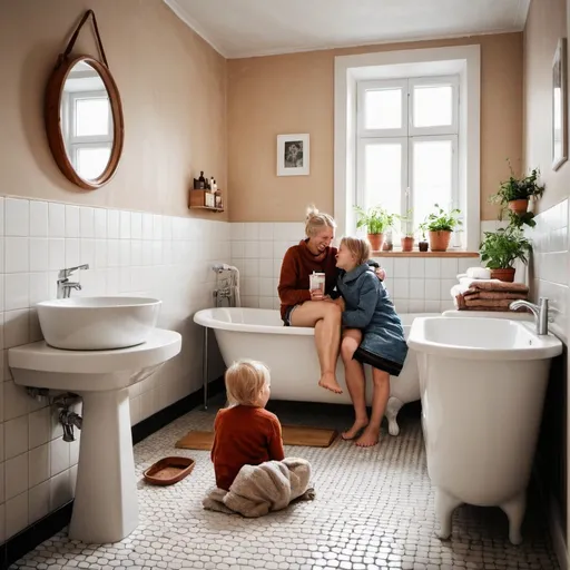 Prompt: Happy amily in a swedish bathroom om a cosy, warm floor