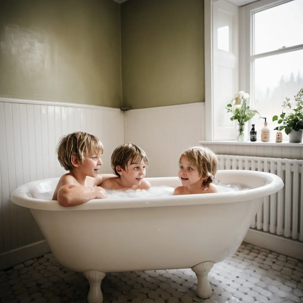 Prompt: Children in a very bubbly bath tub in a cosy, Swedish bathroom
