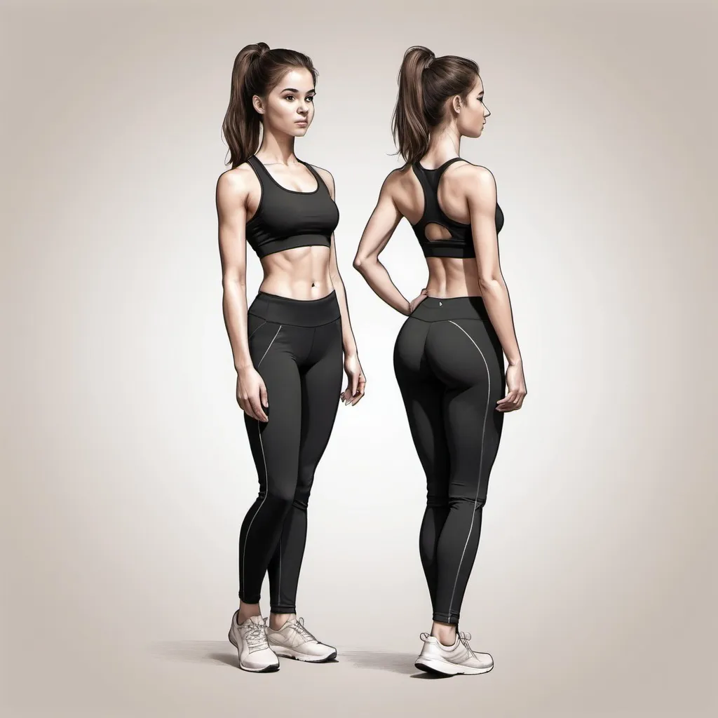 Prompt: An image sketch illustration of a girl wearing active wear for gym without any logo, wearing a leggings and top, in black color posing in simple standing position. Background in natural tones.