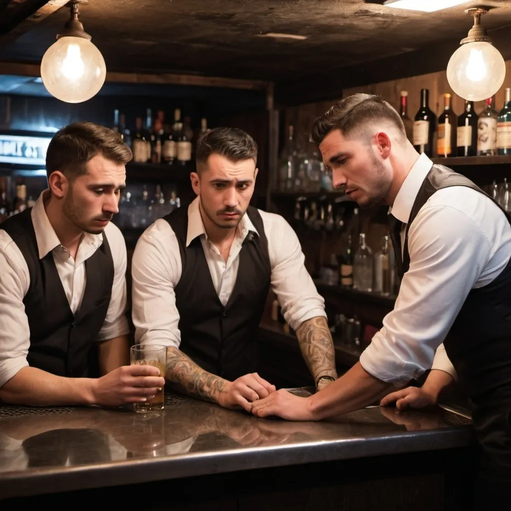 Prompt: a male bartender serving 3 male customers in a confined space and all the three customers are looking depressed