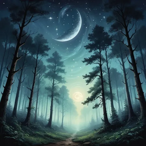 Prompt: Here's an idea for a painting:

**"A Dreamlike Forest Under a Starry Sky":**
- **Scene:** Picture a dense, mystical forest at night, with tall, ancient trees whose branches intertwine like a natural cathedral. The forest floor is covered with a soft, glowing mist that seems to shimmer in the moonlight.
- **Sky:** Above the trees, a deep, starry sky is illuminated by a large, ethereal moon that casts a silver light over the landscape. The stars are unusually bright, with some forming swirling patterns, almost as if