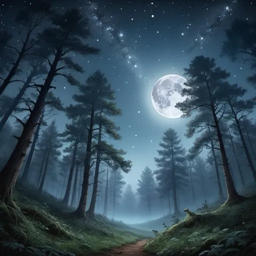 Prompt: Here's an idea for a painting:

**"A Dreamlike Forest Under a Starry Sky":**
- **Scene:** Picture a dense, mystical forest at night, with tall, ancient trees whose branches intertwine like a natural cathedral. The forest floor is covered with a soft, glowing mist that seems to shimmer in the moonlight.
- **Sky:** Above the trees, a deep, starry sky is illuminated by a large, ethereal moon that casts a silver light over the landscape. The stars are unusually bright, with some forming swirling patterns, almost as if