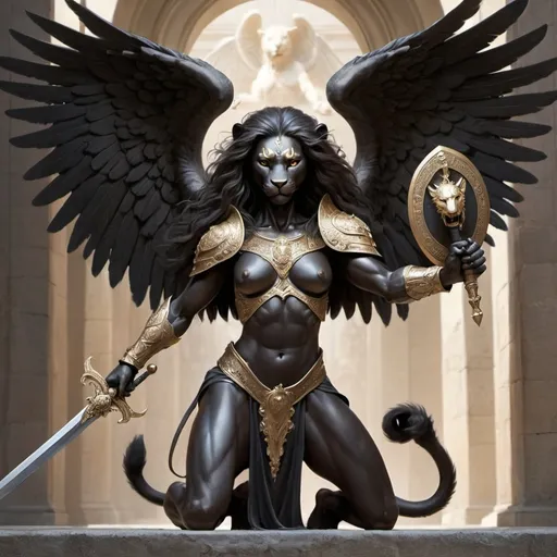 Prompt: a female black lion with angel wings, weilding a sword and shield, with human fingers and toes 
