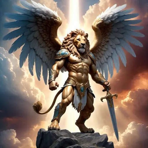 Prompt: a lion body with angel wings, standing up, with human like fingers, weilding a sword and shield
