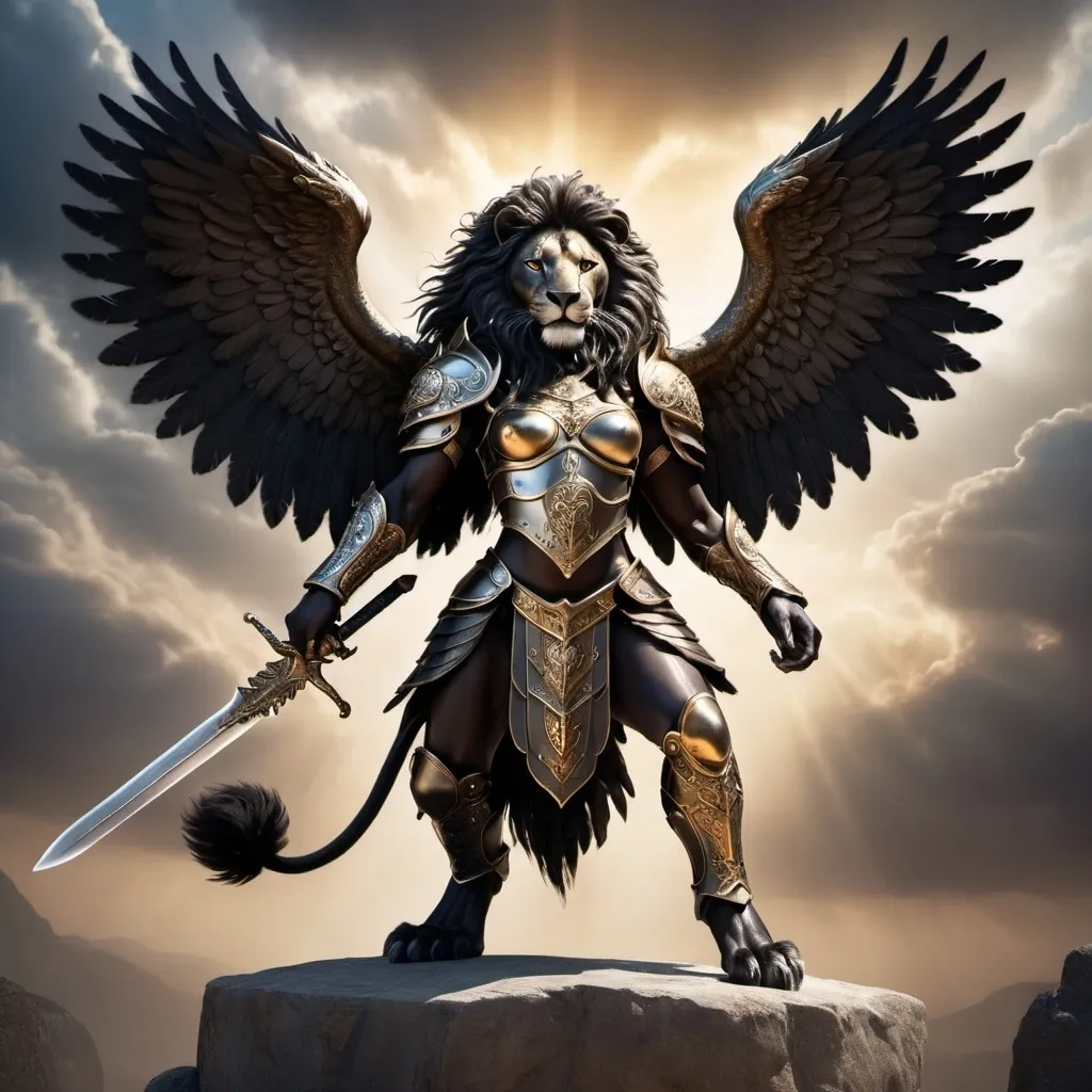 Prompt: a female black lion with angel wings, weilding a sword and shield, with human fingers and toes 
