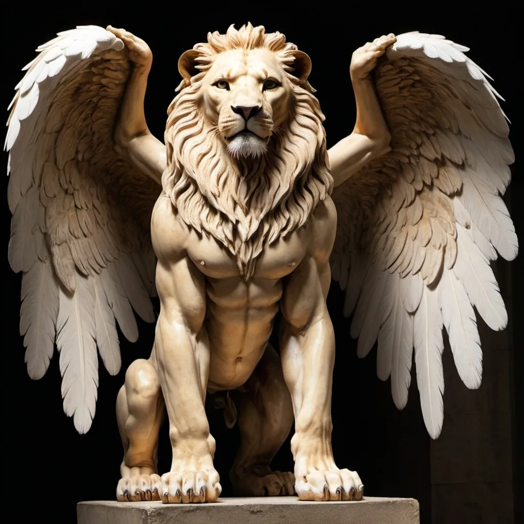 Prompt: a lion body with angel wings, standing up, with human like fingers 
