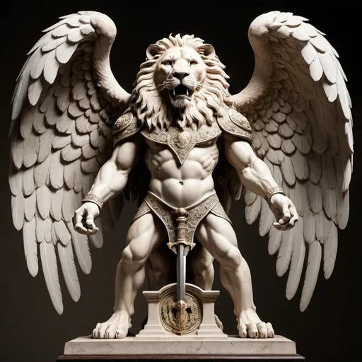 Prompt: a lion body with angel wings, standing up, with human like fingers, weilding a sword and shield
