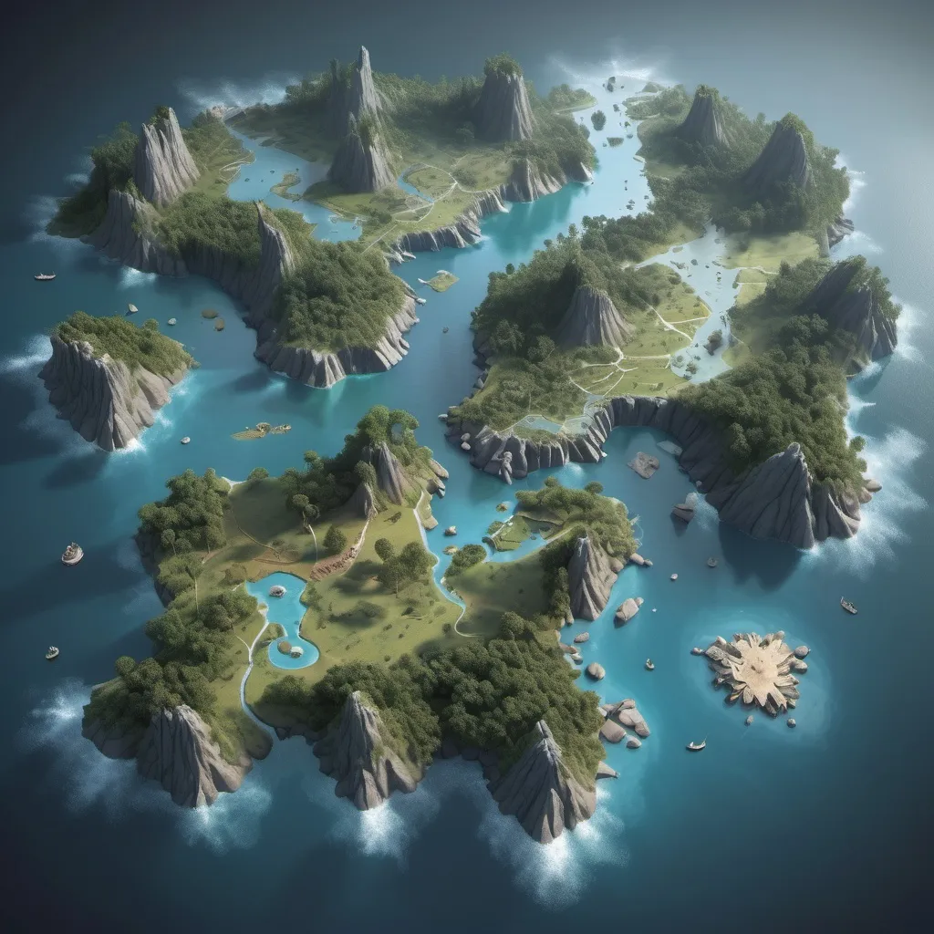 Prompt: a map of a world with a lot of water and rocks and trees on it, and smaller islands in the middle and outsides, regionalism, a detailed matte painting