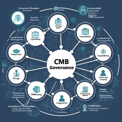 Prompt: Create an image representing IT Governance, highlighting key processes like Incident Management, Problem Management, and Change Management. Show a central CMDB (Configuration Management Database) as the core element, with connected nodes representing various IT assets and their relationships. Around the CMDB, depict workflows for managing incidents, resolving problems, and overseeing changes, with teams collaborating using digital tools. Visual elements like dashboards, process flows, and notifications should symbolize the structured control and oversight of IT governance. The environment should be modern, with a focus on organization, efficiency, and proactive management.