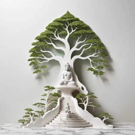 Prompt: a paper cut of a tree with a buddha statue on top of it and a staircase leading up to it, Chris LaBrooy, environmental art, behance hd, a marble sculpture