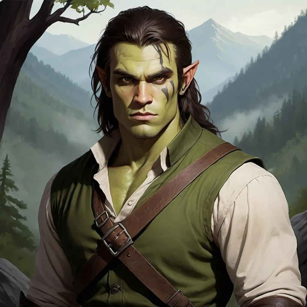 Prompt: A Half-Orc Ranger named Dacre Bilsborrow who is 25 years old, male, dark umber long hair, lime skin, brown eyes, 5' and 9" tall, weighs 138lbs, and has a haunted past. Background like the Smoky Mountains. 