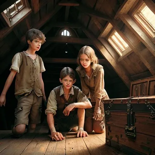 Prompt: Two boys and a girl searching for treasure in a dusty attic, old wooden chest with intricate carvings, aged treasure map with faded markings, warm and nostalgic color tones, soft natural lighting, detailed facial expressions, antique setting, high quality, vintage style, adventurous vibe, hidden treasures, dusty atmosphere, wooden floorboards, atmospheric lighting