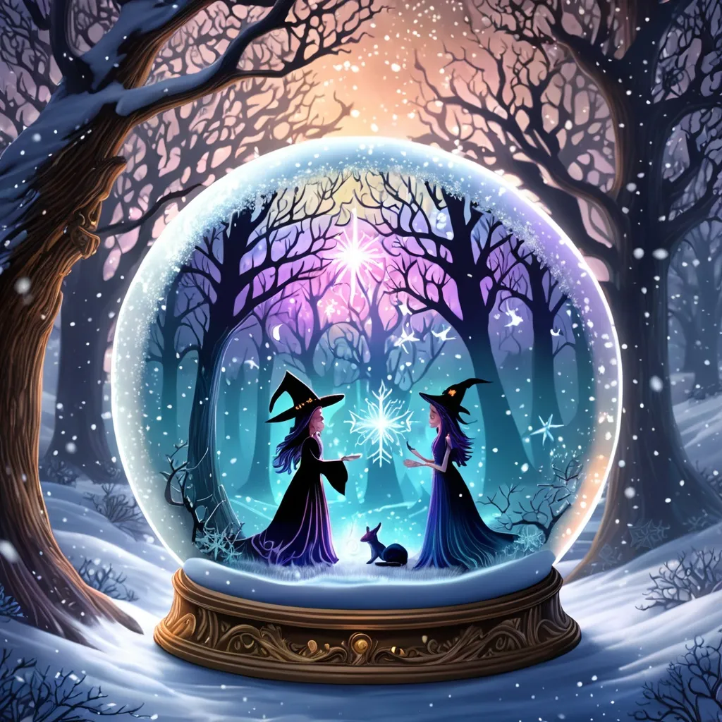 Prompt: (snow globe), mystical forestry, (witch casting a spell), intense ambiance, tension in the air, shimmering snowflakes, enchanted atmosphere, oak trees, eerie twilight lighting, magical aura, intricate details, (social interactions) among woodland creatures, whimsical elements, captivating composition, ethereal depth, 4K ultra-detailed.