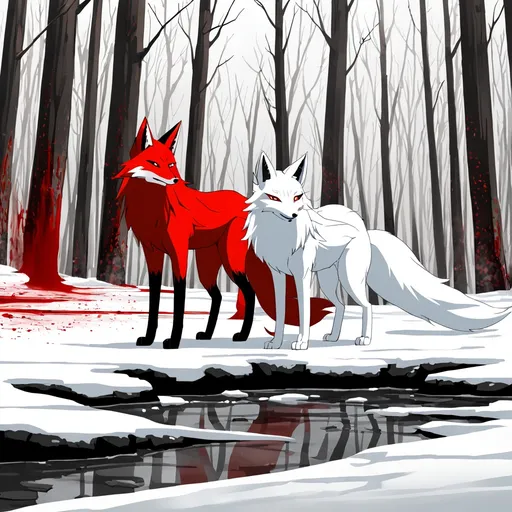 Prompt: (nine-tailed fox) white fur and red fur standing in the forest in snow with blood river