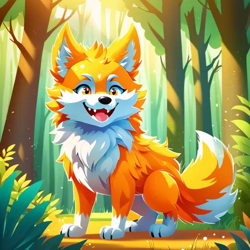 Prompt: (furry cute wolf), adorable expression, fluffy fur texture, playful pose, warm color palette, sunny forest background, lush greenery, cheerful atmosphere, vibrant details, light filtering through trees, soft shadows, ultra-detailed, HD illustration, dynamic playful spirit.