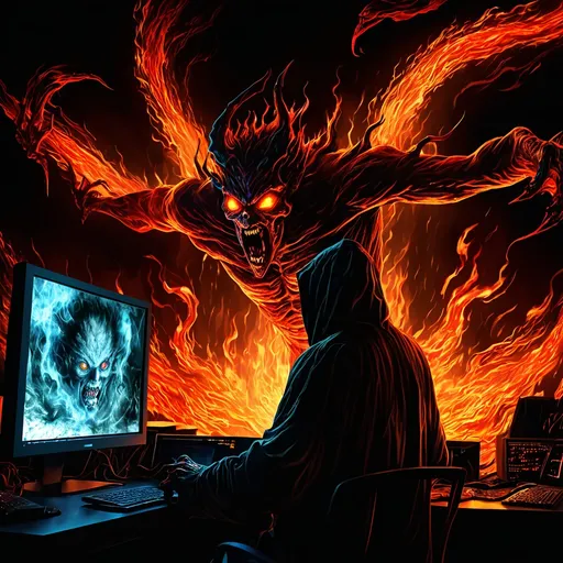 Prompt: (demonic figure), surrounded by swirling flames, fierce eyes reflecting firelight, atmospheric glow, intense lighting, set against a black backdrop, showcasing a high-tech (computer monitor) displaying chaotic scenes, blending horror and technology, dynamic composition, vivid flames, ultra-detailed, high quality, capturing a sense of urgency and power.