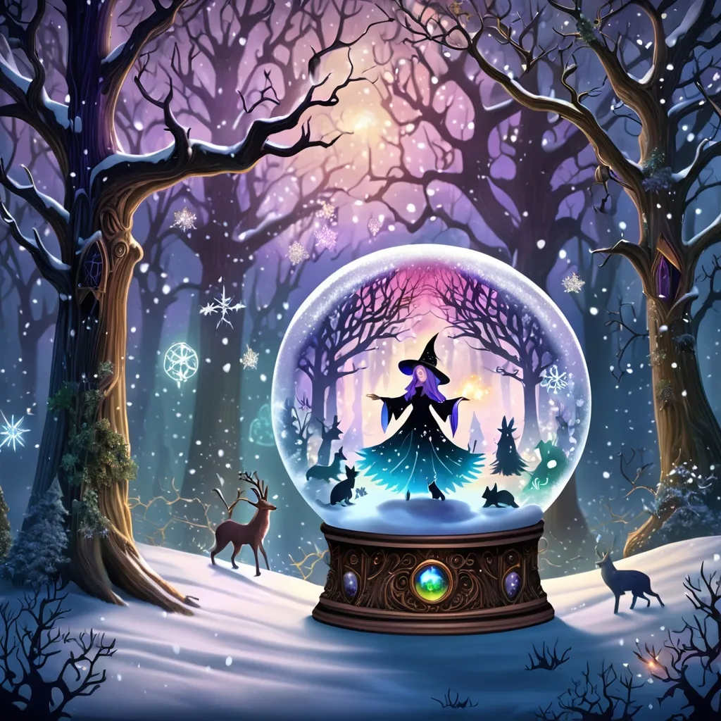 Prompt: (snow globe), mystical forestry, (witch casting a spell), intense ambiance, tension in the air, shimmering snowflakes, enchanted atmosphere, oak trees, eerie twilight lighting, magical aura, intricate details, (social interactions) among woodland creatures, whimsical elements, captivating composition, ethereal depth, 4K ultra-detailed.