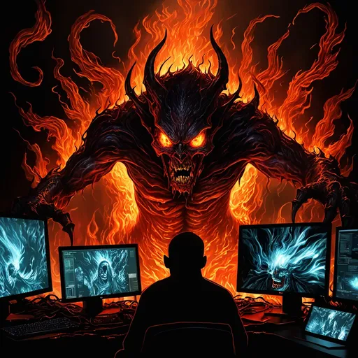 Prompt: (demonic figure), surrounded by swirling flames, fierce eyes reflecting firelight, atmospheric glow, intense lighting, set against a black backdrop, showcasing a high-tech (computer monitor) displaying chaotic scenes, blending horror and technology, dynamic composition, vivid flames, ultra-detailed, high quality, capturing a sense of urgency and power.