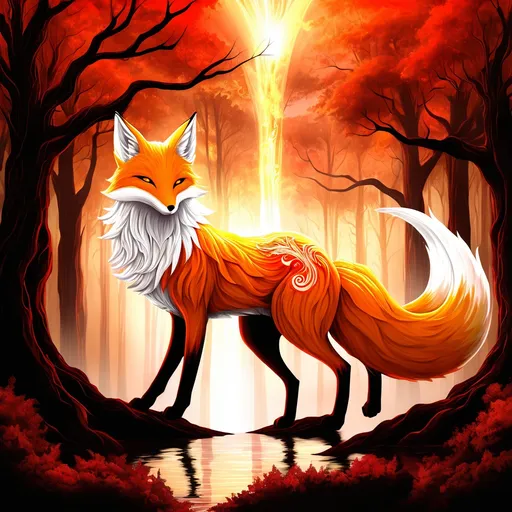 Prompt: 9-tailed fox (mythical, vibrant red and white), mystical aura, enchanting forest background, glowing colors, layered mystical clouds, warm golden light filtering through trees, ambient magical energy, high contrast, ultra-detailed, surreal atmosphere, captivating and compelling scene evocative of ancient folklore and mythology, with fluid tails swirling elegantly in harmony with nature.