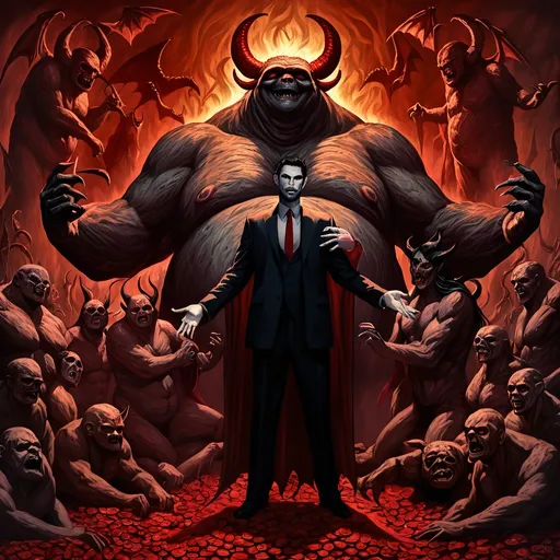 Prompt: (dark and sinister imagery) Lucifer surrounded by iconic demons embodying greed, lust, envy, gluttony, wrath, and sloth, imposing figures, richly detailed, evoking feelings of fear and intrigue, supernatural aura, (majestic and ominous lighting), shadowy background, intense color contrasts, atmospheric depth, (ultra-detailed).