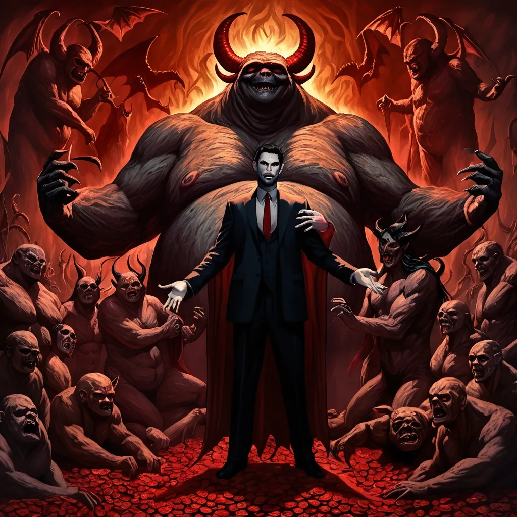 Prompt: (dark and sinister imagery) Lucifer surrounded by iconic demons embodying greed, lust, envy, gluttony, wrath, and sloth, imposing figures, richly detailed, evoking feelings of fear and intrigue, supernatural aura, (majestic and ominous lighting), shadowy background, intense color contrasts, atmospheric depth, (ultra-detailed).