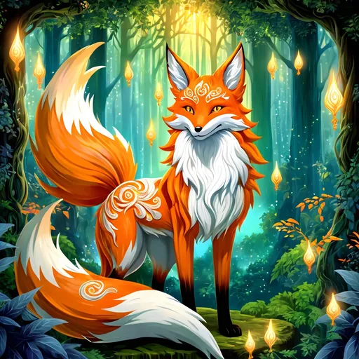 Prompt: (nine-tailed fox), intricately detailed with vibrant orange and white fur, mystical ambiance exuding an air of magic, standing elegantly with a serene expression, enchanting forest background filled with lush greenery and ethereal light filtering through, (highly intricate design), enchanting and fantastical, (high-resolution), fantasy-themed, featuring a soft, warm glow surrounding the fox, evoking a sense of wonder and mystique.