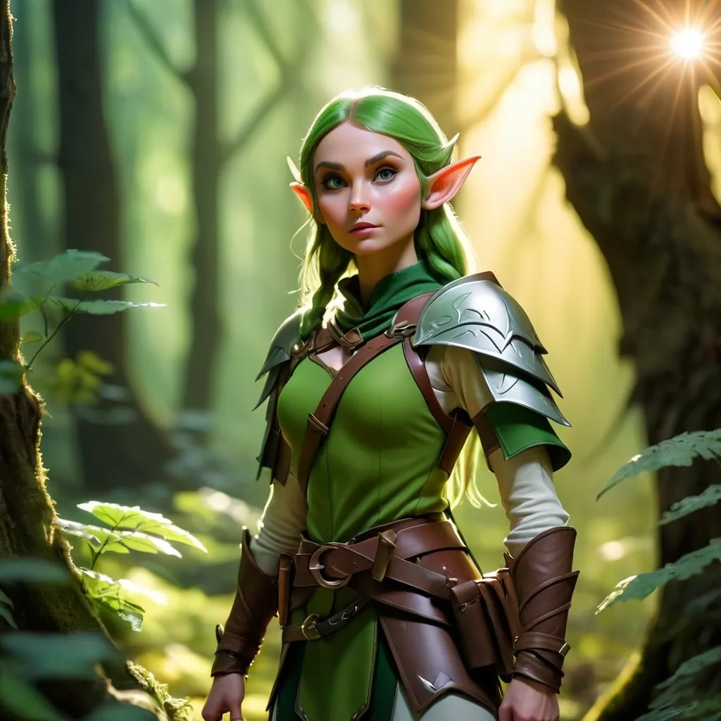 Prompt: Elf ranger in a mystical forest around sunlight