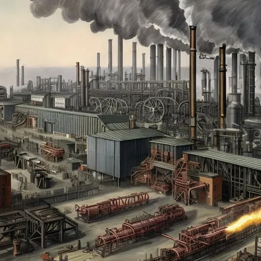 Prompt: create a picture of the industrial revolution showing heavy manufacturing in color


