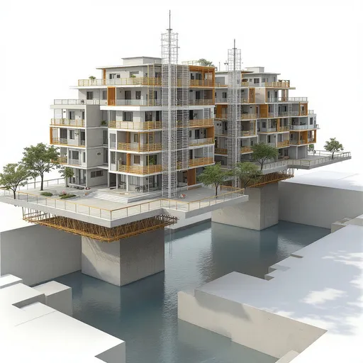 Prompt: Design a structural model for a cantilever beam-supported 6-story residential flat complex positioned over the center of the Najafgarh Drain. The design should include detailed pillar (column) specifications, cantilever beam structure, and flat layout with the following parameters:
Pillar (Column) Design:
Foundation depth inside Najafgarh Drain: 8 meters  

Foundation width: 1.5 meters in diameter  

Pillar height above ground: 10 meters  

Material: High-grade Reinforced Cement Concrete (RCC) with steel reinforcement  

Earthquake resistance: Capable of withstanding up to 9 Richter scale

Cantilever Beam Structure:
Main beam width: 2 meters  

Right-side cantilever extension: 62.5 meters  

Left-side cantilever extension: 62.5 meters  

Total span: 125 meters  

Material: High-tensile steel and pre-stressed concrete beam

6-Story Flat Structure:
Size of each flat: 75 square yards  

Load-bearing capacity: Sufficient to support the total weight of fully occupied flats with humans and household items  

Material: Lightweight yet durable concrete and steel framing

Engineering and Safety Standards:
Earthquake-resistant design: Compliant with IS 1893 code  

Waterproofing: Enhanced measures due to construction over the drain  

Anti-corrosive treatment: Applied to steel and concrete layers

Generate a 3D model incorporating the above specifications, ensuring structural integrity, safety, and functionality.

