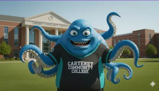 Prompt: This is a photograph of a large, blue, cartoon-like octopus character standing in front of a brick building with a classical architectural style. The octopus has a cheerful expression with wide, white eyes and a broad, toothy smile. It has eight tentacles, each adorned with white suction cups, and is wearing a black and teal sports jersey with the text "Carteret Community College" prominently displayed in white letters across the chest. The character's blue skin is smooth and shiny, giving it a slightly plastic or rubbery texture. The background features a clear blue sky, a well-maintained green lawn, and the red-brick building with large windows and a white triangular pediment above the entrance. The building has a sign that reads "Carteret Community College" in white letters. The overall style of the photograph is bright and colorful, with a focus on the cheerful, animated octopus character in the foreground. The image is well-lit with natural sunlight, enhancing the vibrant colors and textures. In the bottom right corner, there is a small, white, diamond-shaped logo.