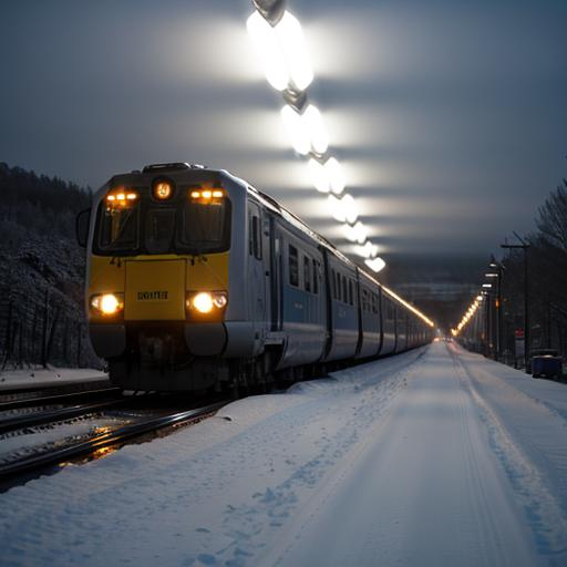 Prompt: Swedish trains, strong headlights on, wintry early morning 