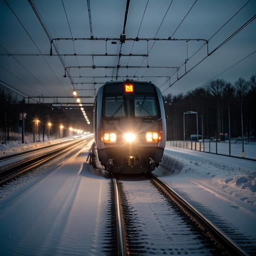Prompt: Swedish trains, strong headlights on, wintry early morning 