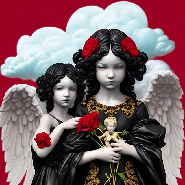 Prompt: Two Versace inspired cherubs, snow clouds, with a ethereal Gothic  girl with a black short bob hairstyle holding a red rose in her hand