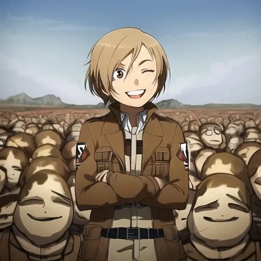 Prompt: sticker of a potato in a brown jacket, dressed like Sasha from Attack on Titan, really happy big smile and eyes closed. head/body is a potato. detailed.