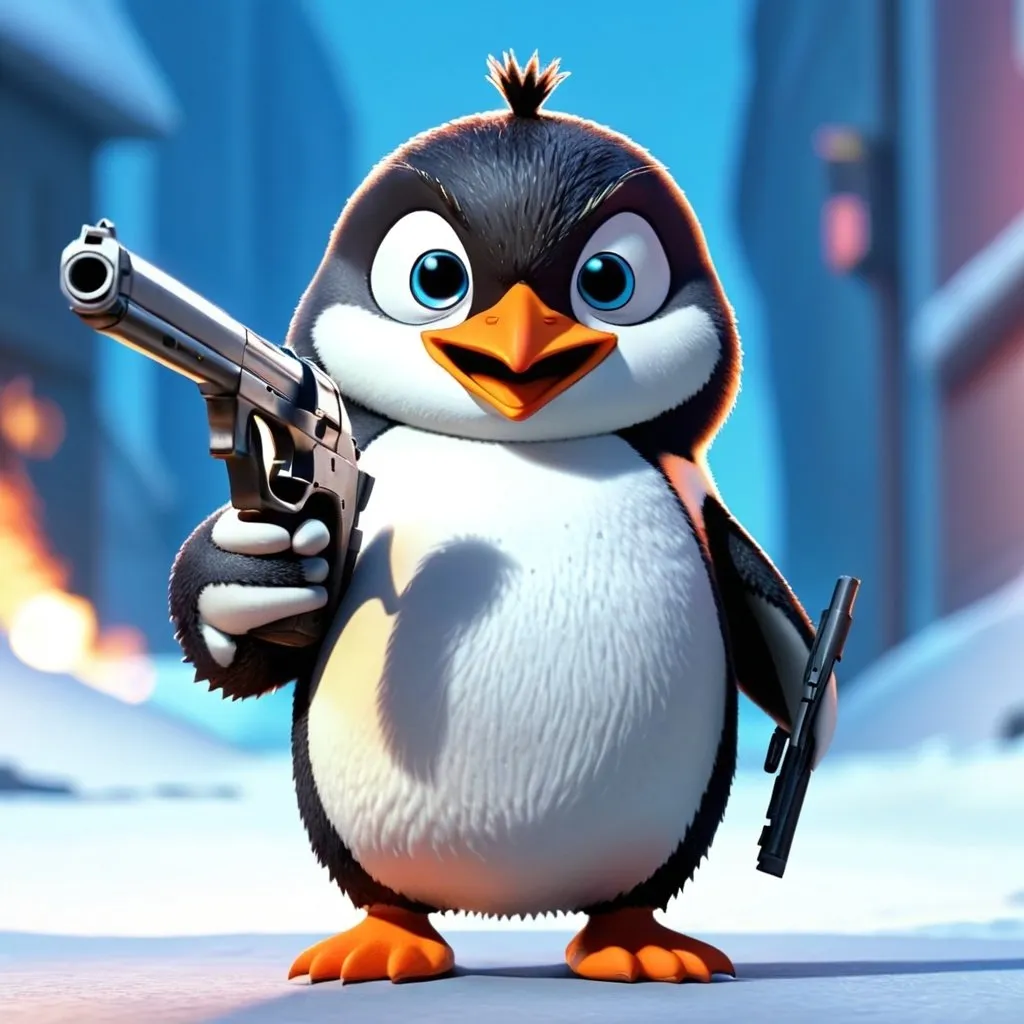 Prompt: Penguin holding a gun towards screen