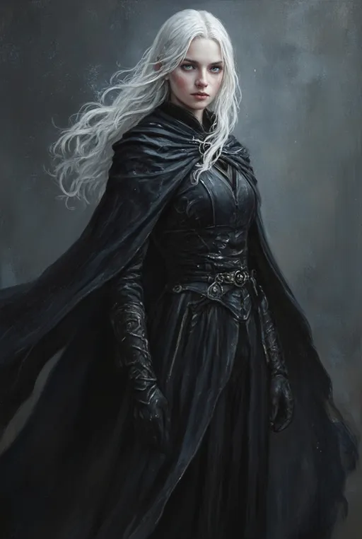 Prompt: Main Character (young female wizard), (beautiful portrait oil painting), pale skin, sharp features, (intense sharp eyes), (defined sharp jawline), white hair (medium to long length), blue eyes, wearing all dark colors, flowing cloak billowing behind him, gloves, (epic fantasy atmosphere), intricate details in fabric and texture, dramatic lighting casting shadows, ultra-detailed, evocative mood.