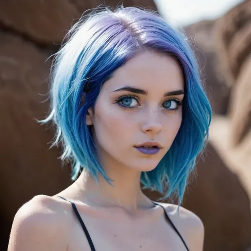 Prompt: Blue hair, voilet eyes, slim body, other worldly beauty