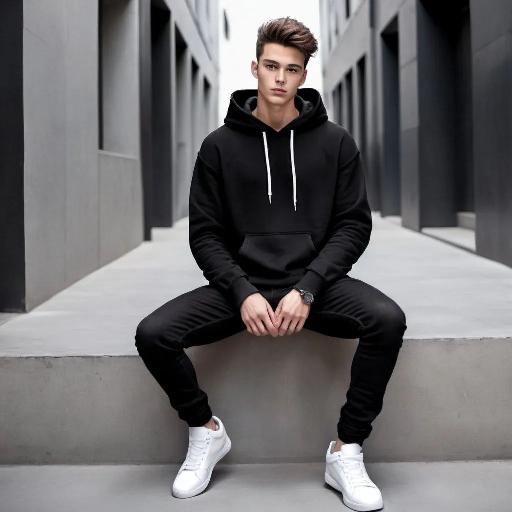 Prompt: Cool handsome young man, black hoodie , black jeans, white and black sneakers,