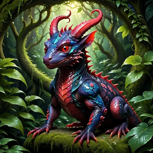 Prompt: (Fantasy salamander), vibrant red scales glistening under ethereal light, piercing red eyes shining with otherworldly intelligence, intricate backwards-pointing horns coiled gracefully like a goat's, surrounded by a mystical forest background steeped in magical shadows, soft glow illuminating the scene, lush foliage enhancing the fantasy atmosphere, ultra-detailed design, captivating and enchanting.