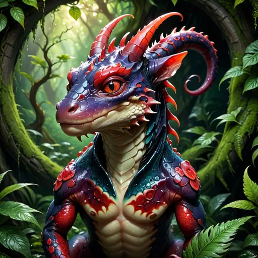 Prompt: (Fantasy salamander), vibrant red scales glistening under ethereal light, piercing red eyes shining with otherworldly intelligence, intricate backwards-pointing horns coiled gracefully like a goat's, surrounded by a mystical forest background steeped in magical shadows, soft glow illuminating the scene, lush foliage enhancing the fantasy atmosphere, ultra-detailed design, captivating and enchanting.