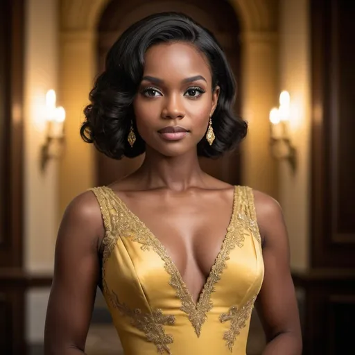 Prompt: Stately and regal portrait of a beautiful woman, conservative yellow gown, dark brown skin, close-cropped black hair, high-quality, regal, elegant, detailed gown, professional lighting, warm tones