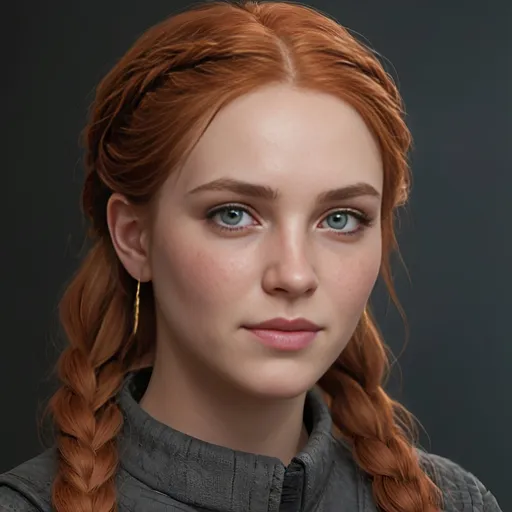 Prompt: Varyn’s pale, pointed face is flushed red in the light, maybe from the exertion or the cold. Her glossy red-gold hair is braided away from her forehead, showing pointed ears marked with small holes – maybe she wears earrings, but has removed them due to the cold? Her eyes are gold, keen and bright. A scar runs through her left eyebrow and pulls at the corner of her eye. It looks like it’s an old injury. It doesn’t seem to bother her.