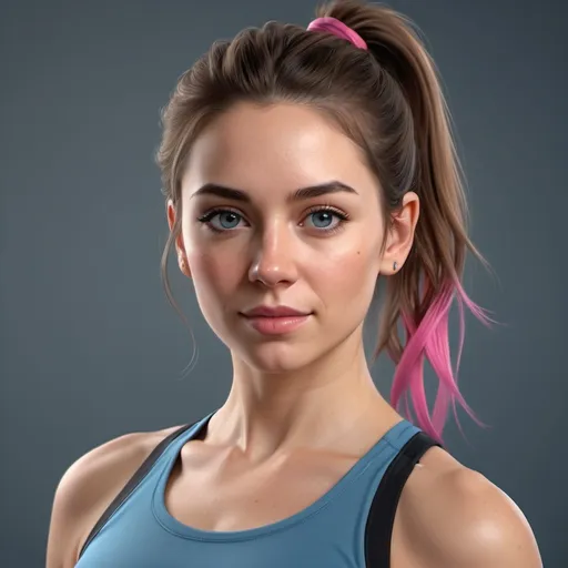 Prompt: Realistic digital portrait of a confident woman, brown hair in a stylish ponytail, late 20s, hot, wearing a short blue top with average cup size, black yoga pants with a pink streak down the sides, facing the viewer, 4k ultra-detailed, realistic, confident expression, modern fashion, dynamic pose, natural lighting, warm tones