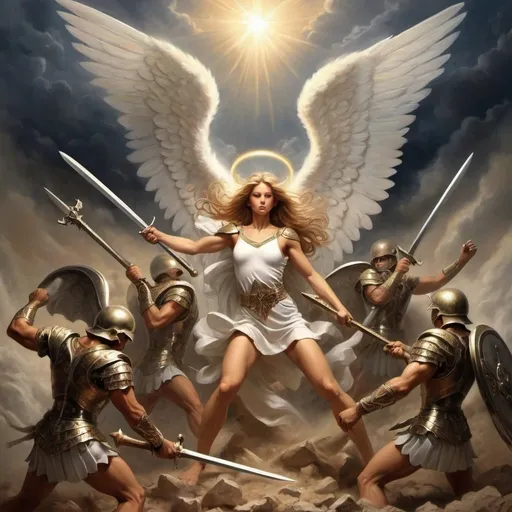 Prompt: Angel warriors fighting the forces of evil digging deep for courage and strength 
