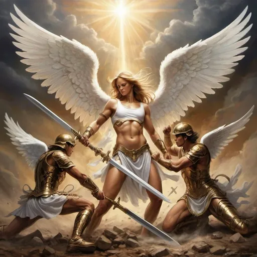 Prompt: Angel warriors fighting the forces of evil digging deep for courage and strength 
