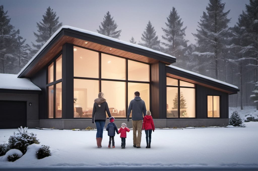 Prompt: i work for a geothermal heat pump company and I need a new hero image for my website. generate a real-life image of a suburban family in a sleek modern new house in which the family is looking outside at the snow and they are warm and cozy inside because they are enjoying amazing heating. they should be inside the house, looking outside