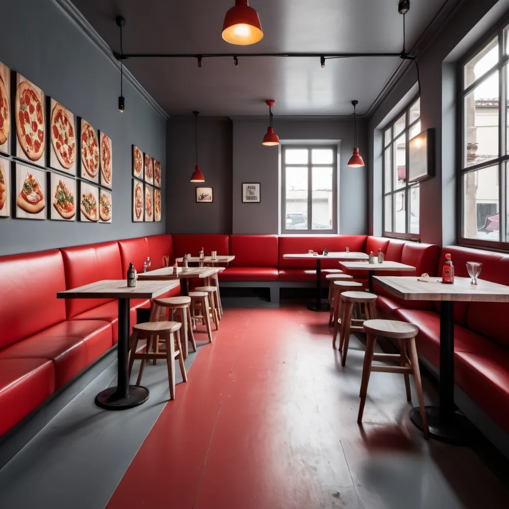 Prompt: Pizzeria with red wooden floor and grey color walls