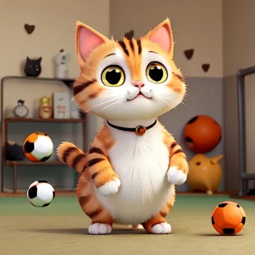 Prompt: A cute cat fat, orange and white, playing soccer

