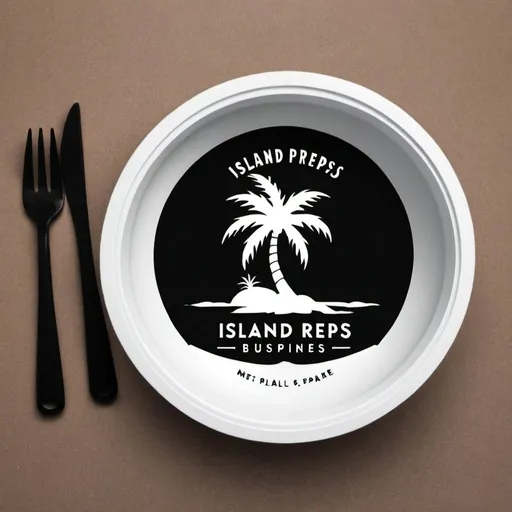 Prompt: Make black and white 2-d logo for my meal prep business called island preps. We want the logo to be black and white and outline of meal prep container with a palm tree in the back 