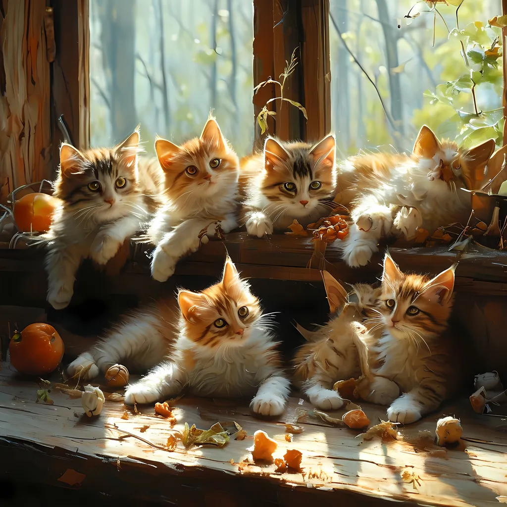 Prompt: (cute cats), a group of (playful felines) lounging on a rustic wooden table, various colors and textures, warm sunlight filtering through the window, soft shadows creating a cozy ambiance, (highly detailed), charming expressions and poses, scattered toys and bowls in the background, inviting atmosphere reminiscent of a serene afternoon. 